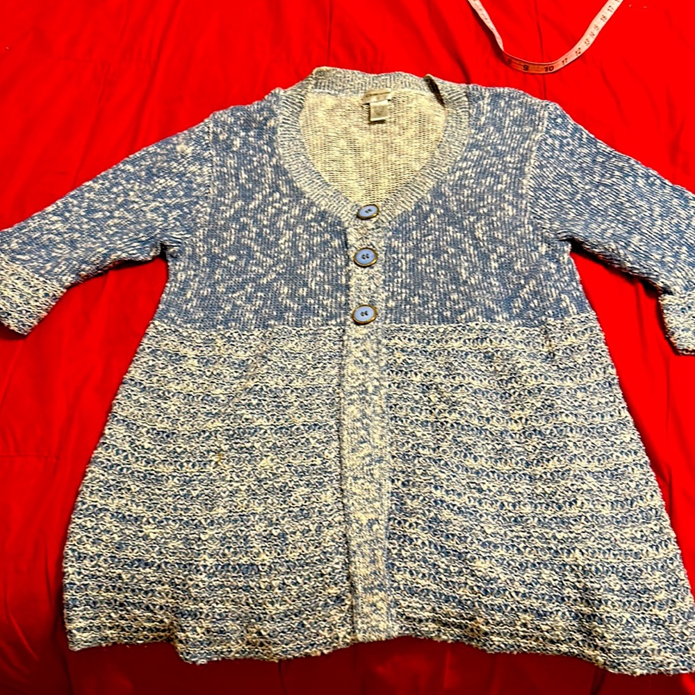Chico’s Button Front Cardigan, Blue & Cream Knit, 3/4 Length Sleeves, Sz 1 (M)